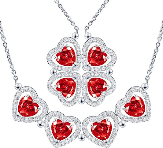 ONE: Lucky Four Leaf White Gold JAN GARNET Clover Pendant Necklaces for Women & Girls