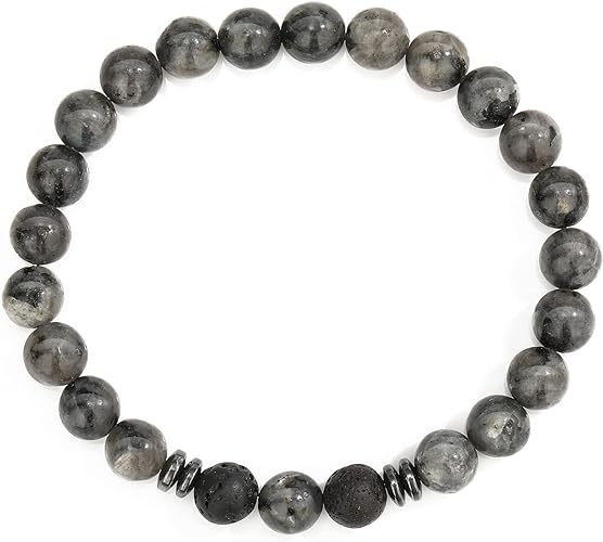 THREE: 3 HANDMADE Bracelets Matte Natural Lava Rock Volcanic Stone Beads Elastic Stretch Labradorite