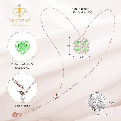 ONE: Lucky Four Leaf Rose Gold August Peridot Clover Pendant Necklaces for Women & Girls