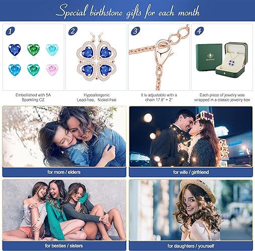 ONE: Lucky Four Leaf Rose Gold September - Safire Blue Clover Pendant Necklaces for Women & Girls