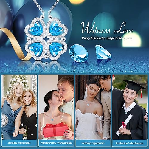 ONE: Lucky Four Leaf White Gold December Blue Topaz Clover Pendant Necklaces for Women & Girls