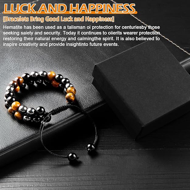 ONE: Premium 8MM Handmade Beaded Bracelet Tiger Eye Bracelet Black Obsidian Hematite Natural Crystal Jewelry Stone Bracelets Gifts for Men and Women