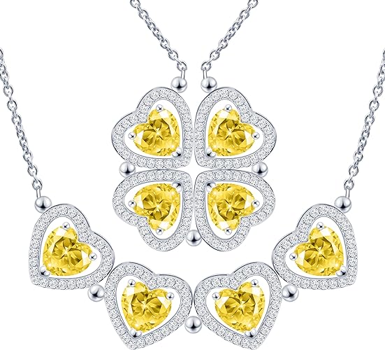 ONE: Lucky Four Leaf White Gold November Citrine Yellow Clover Pendant Necklaces for Women & Girls