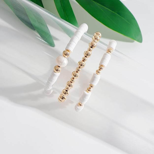 ONE: Premium Handmade Bracelet White and Gold Plated Copper Beads Heishi Clay Bracelet HELPS RELEASING NEGATIVITY