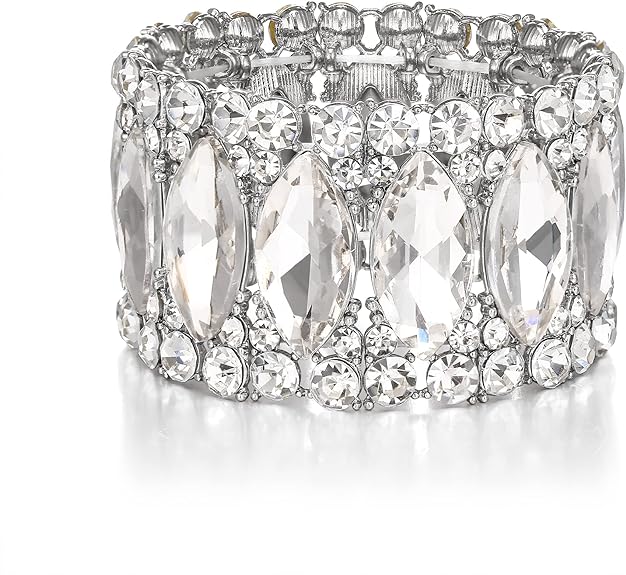 ONE: Premium Gorgeous Jewelry Elegant Crystal Double Row Rhinestones Marquise Cluster Stretch Bangle Bracelet.