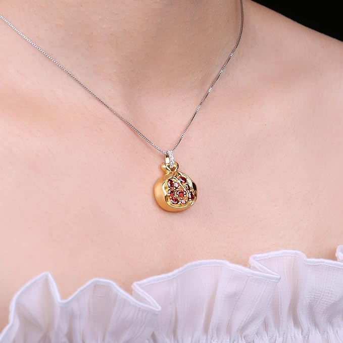 ONE: Necklace Sterling Silver Style Pomegranate 2.1ct Red Garnet Cubic Zirconia Pendant Necklace for Women, 14k Yellow Gold