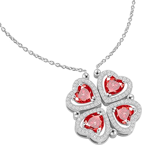 ONE: Lucky Four Leaf White Gold JAN GARNET Clover Pendant Necklaces for Women & Girls