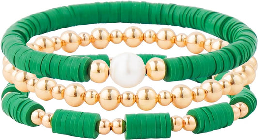 ONE: Premium Handmade Bracelet Green and Gold Plated Copper Beads Heishi Clay Bracelet HELPS RELEASING NEGATIVITY