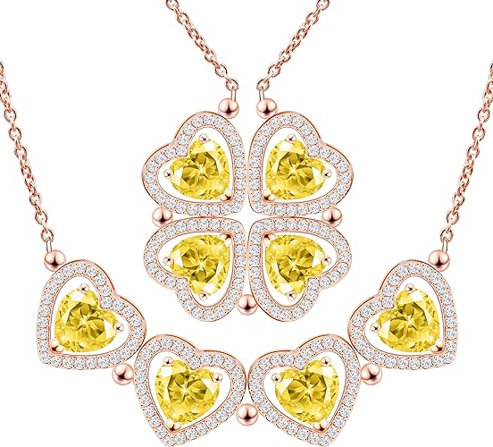 ONE: Lucky Four Leaf Rose Gold November Citrine Yellow Clover Pendant Necklaces for Women & Girls