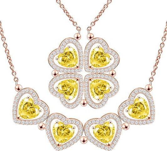 ONE: Lucky Four Leaf Rose Gold November Citrine Yellow Clover Pendant Necklaces for Women & Girls