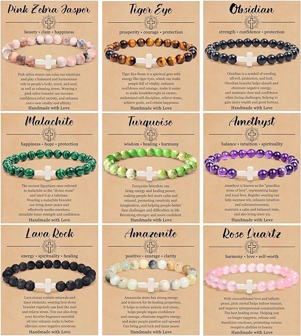 ONE: Premium Handmade 9pcs Cross Bracelets for Women and Men - 8mm Natural Crystal Healing Bracelets Semi-Precious Gemstones Beads Stretch Bracelets Religious Gift for Christians with Prayers Card