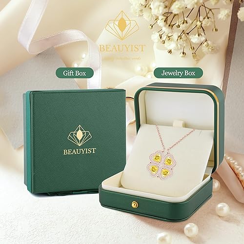 ONE: Lucky Four Leaf Rose Gold November Citrine Yellow Clover Pendant Necklaces for Women & Girls