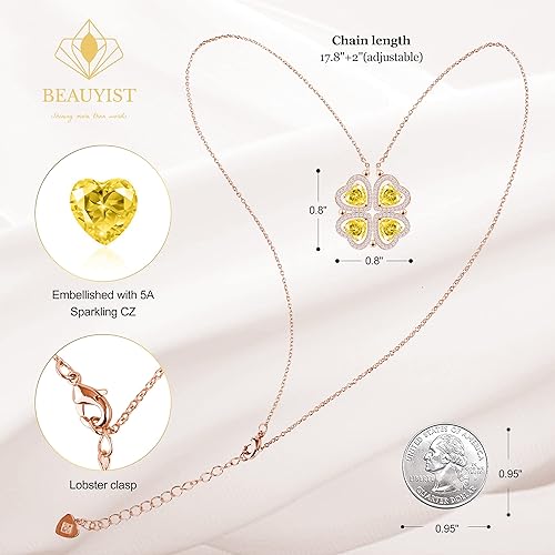 ONE: Lucky Four Leaf Rose Gold November Citrine Yellow Clover Pendant Necklaces for Women & Girls