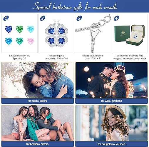 ONE: Lucky Four Leaf White Gold September Sapphire Blue Clover Pendant Necklaces for Women & Girls