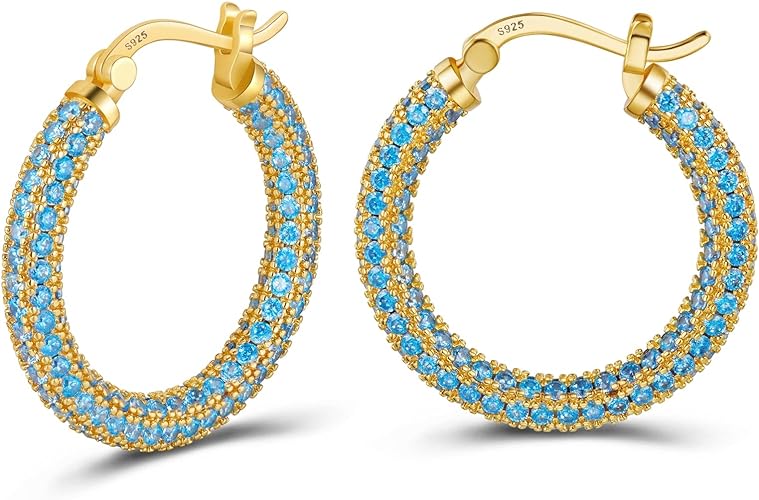 ONE:  ONE: 925 Sterling Silver Post Hoop Earrings 14K Gold Plated Jewelry CZ