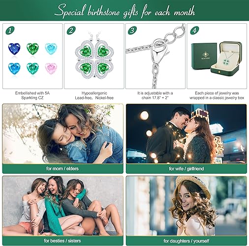 ONE: Lucky Four Leaf White Gold May Emerald Green Clover Pendant Necklaces for Women & Girls