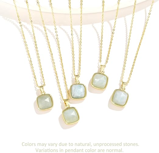 ONE: Handmade Healing Crystal Pendant Necklace, 14K Gold Plated Natural Energy Stone Aquamarine-Square