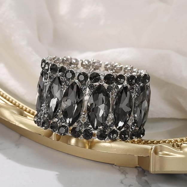 ONE: Premium Gorgeous Jewelry Elegant Crystal Double Row Rhinestones Marquise Cluster Stretch Bangle Bracelet.