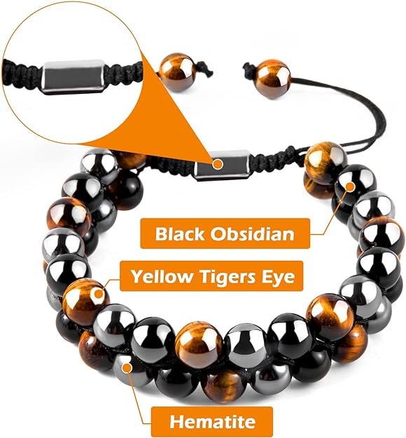 ONE: Premium 8MM Handmade Beaded Bracelet Tiger Eye Bracelet Black Obsidian Hematite Natural Crystal Jewelry Stone Bracelets Gifts for Men and Women