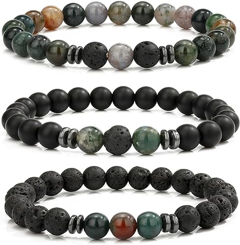 THREE: 3 HANDMADE Bracelets Matte Natural Lava Rock Volcanic Stone Beads Elastic Stretch Agate