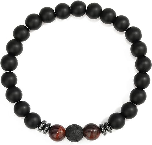 THREE: 3 HANDMADE Bracelets Matte Natural Lava Rock Volcanic Stone Beads Elastic Stretch Tiger RED