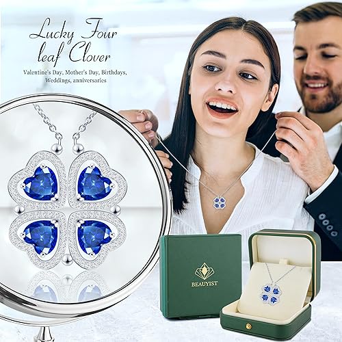 ONE: Lucky Four Leaf White Gold September Sapphire Blue Clover Pendant Necklaces for Women & Girls