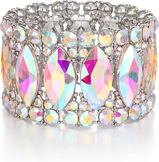 ONE: Premium Gorgeous Jewelry Elegant Crystal Double Row Rhinestones Marquise Cluster Stretch Bangle Bracelet.