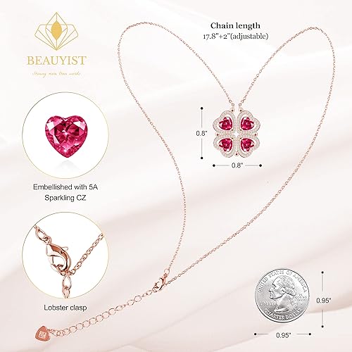 ONE: Lucky Four Leaf Rose Gold JULY- RUBY RED Clover Pendant Necklaces for Women & Girls
