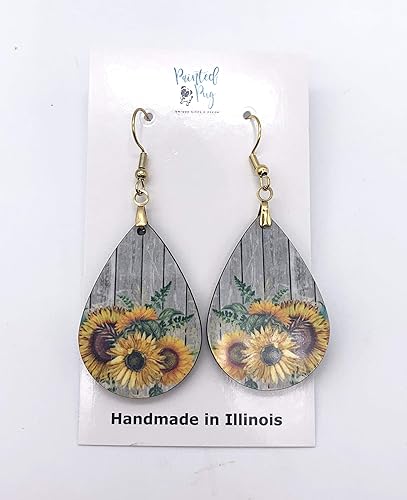 ONE PAIR:  Sunflower Earrings Dangle Teardrop