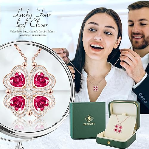 ONE: Lucky Four Leaf Rose Gold JULY- RUBY RED Clover Pendant Necklaces for Women & Girls
