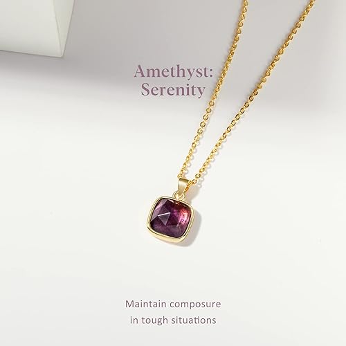 ONE: Handmade Healing Crystal Pendant Necklace, 14K Gold Plated Natural Energy Stone Amethyst-Square