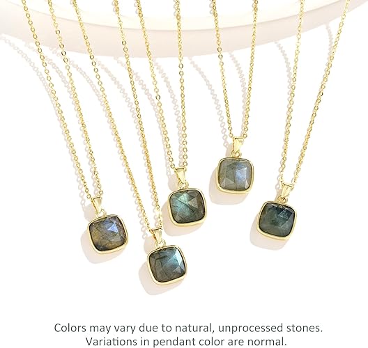ONE: Handmade Healing Crystal Pendant Necklace, 14K Gold Plated Natural Energy Stone Labradorite-Square