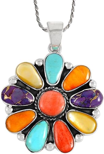 ONE: Turquoise Pendant Necklace Sterling Silver 925 Genuine Turquoise & Gemstones (20" Length)