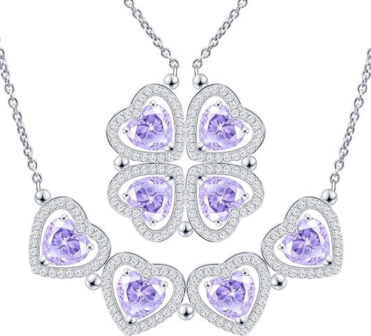 ONE: Lucky Four Leaf White Gold June Alexandrite Clover Pendant Necklaces for Women & Girls