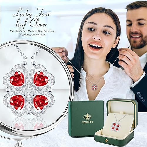 ONE: Lucky Four Leaf White Gold JAN GARNET Clover Pendant Necklaces for Women & Girls