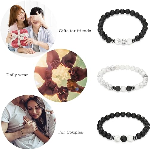 THREE: 3 HANDMADE Bracelets Matte Natural Lava Rock Volcanic Stone Beads Elastic Stretch White Howlite