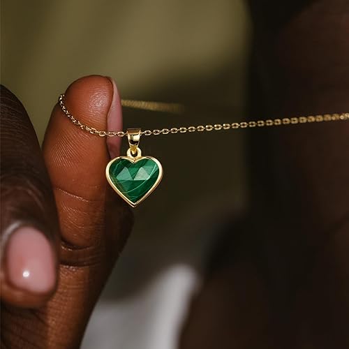 ONE: Handmade Healing Crystal Pendant Necklace, 14K Gold Plated Natural Energy Stone Malachite-Heart
