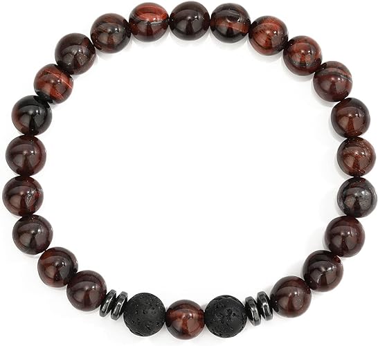 THREE: 3 HANDMADE Bracelets Matte Natural Lava Rock Volcanic Stone Beads Elastic Stretch Tiger RED