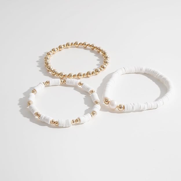 ONE: Premium Handmade Bracelet White and Gold Plated Copper Beads Heishi Clay Bracelet HELPS RELEASING NEGATIVITY