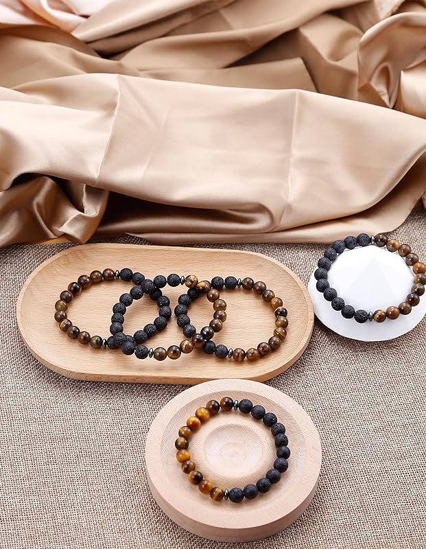ONE: Premium 5Pcs Handmade Bracelets Tiger Eye 8mm Matte Lava Rock Volcanic Stone Beads Beaded Bracelets for Men Women - Stretch Bracelet