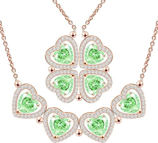 ONE: Lucky Four Leaf Rose Gold August Peridot Clover Pendant Necklaces for Women & Girls