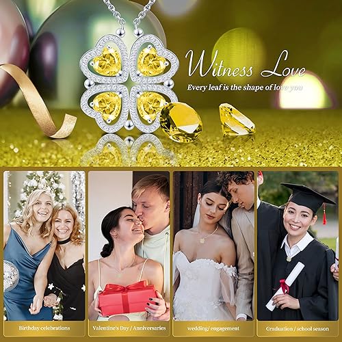 ONE: Lucky Four Leaf White Gold November Citrine Yellow Clover Pendant Necklaces for Women & Girls
