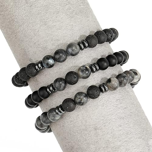 THREE: 3 HANDMADE Bracelets Matte Natural Lava Rock Volcanic Stone Beads Elastic Stretch Labradorite