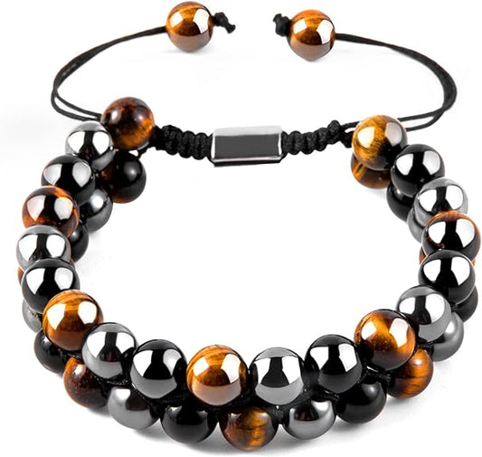 ONE: Premium 8MM Handmade Beaded Bracelet Tiger Eye Bracelet Black Obsidian Hematite Natural Crystal Jewelry Stone Bracelets Gifts for Men and Women