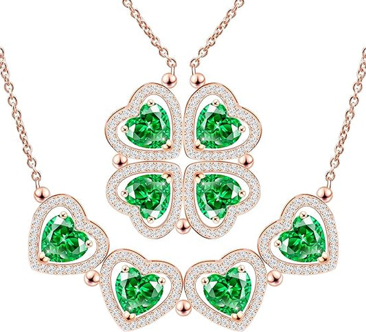 ONE: Lucky Four Leaf Rose Gold MAY- Emerald Green Clover Pendant Necklaces for Women & Girls