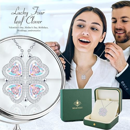 ONE: Lucky Four Leaf White Gold March Aquamarine Clover Pendant Necklaces for Women & Girls