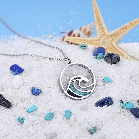 ONE: Wave Turquoise +White Howlite Stainless Steel Pendant Necklaces