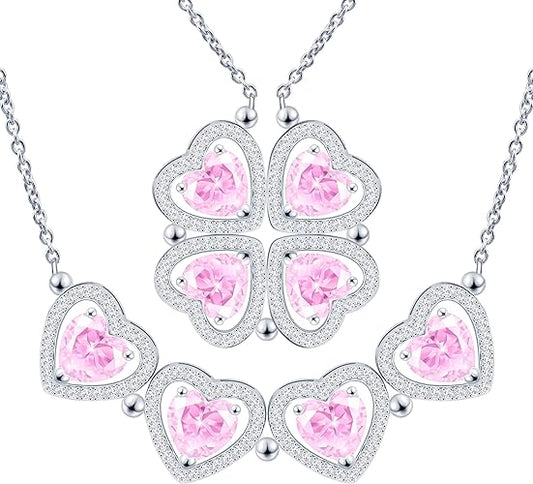 ONE: Lucky Four Leaf White Gold October Tourmaline Clover Pendant Necklaces for Women & Girls
