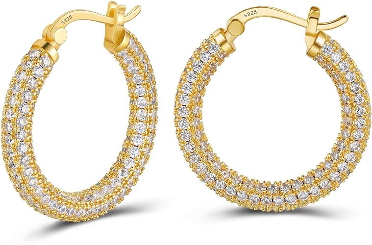 ONE: 925 Sterling Silver Post Hoop Earrings 14K Gold Plated Jewelry CZ