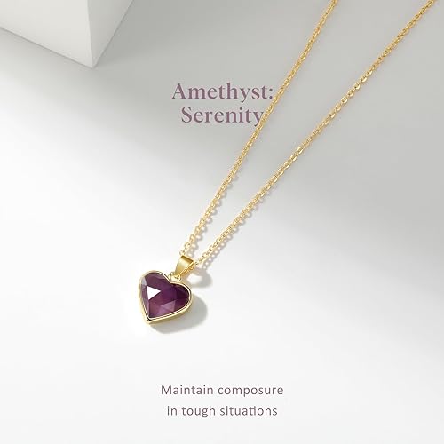 ONE: Handmade Healing Crystal Pendant Necklace, 14K Gold Plated Natural Energy Stone Amethyst-Heart